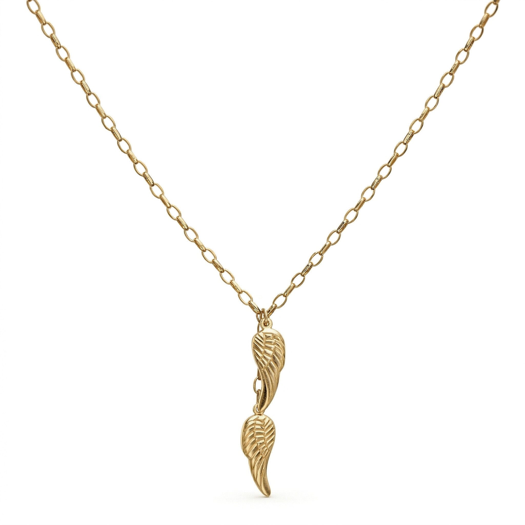9K Yellow Gold 8mm x 43mm Angel Wings Charm Drop Necklace 18 Inch