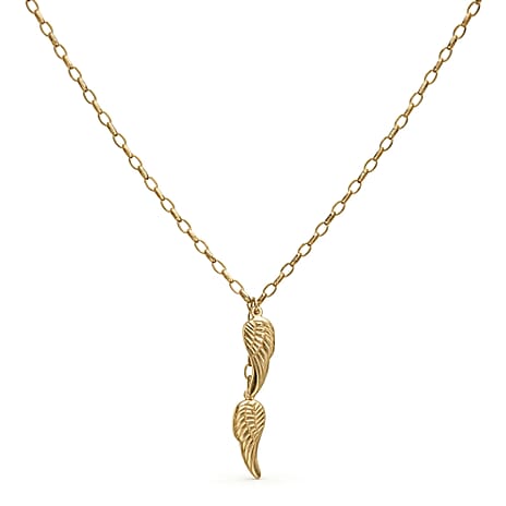 9K Yellow Gold 8mm x 43mm Angel Wings Charm Drop Necklace 18 Inch