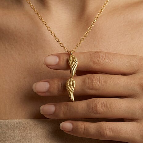 9K Yellow Gold 8mm x 43mm Angel Wings Charm Drop Necklace 18 Inch