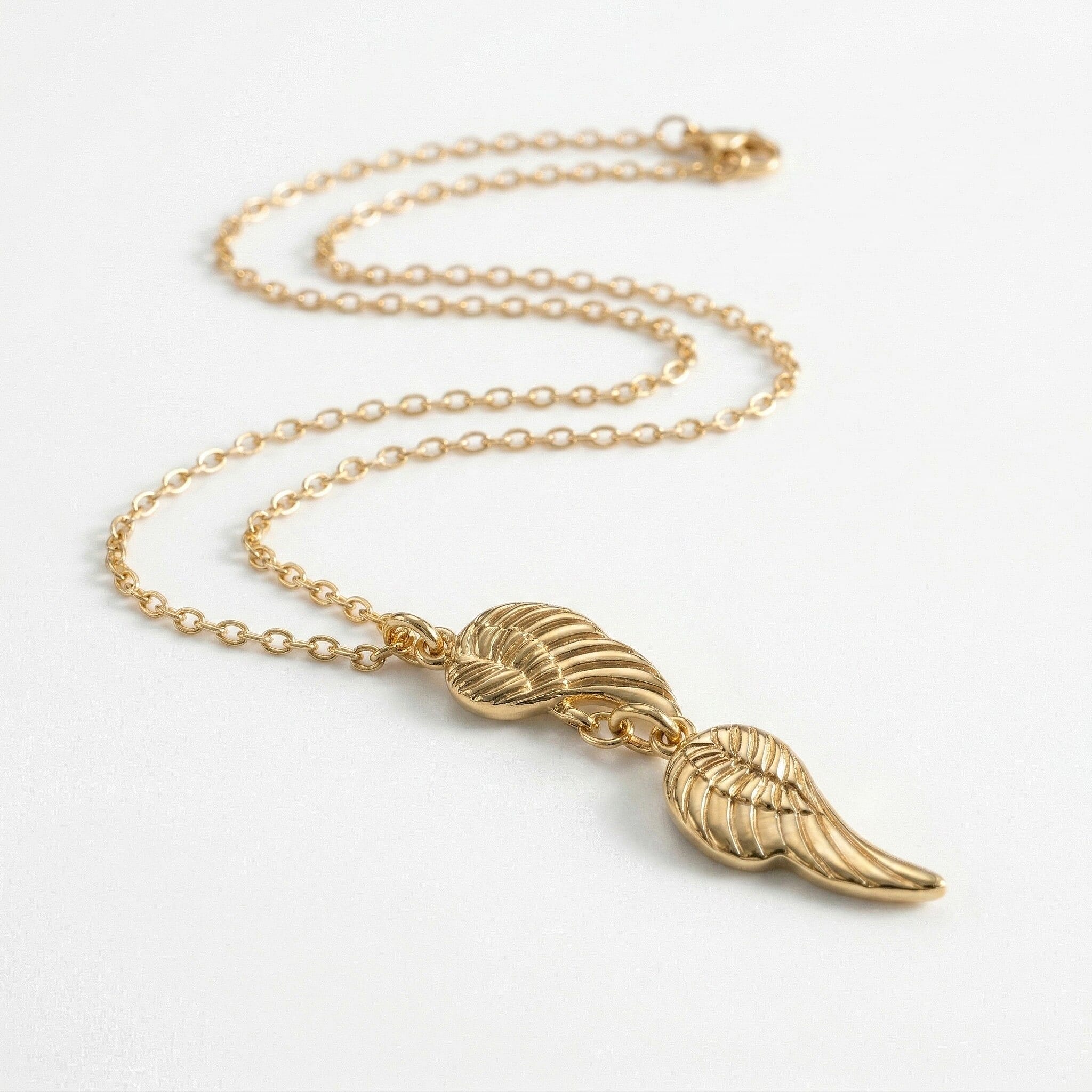 9K Yellow Gold 8mm x 43mm Angel Wings Charm Drop Necklace 18 Inch