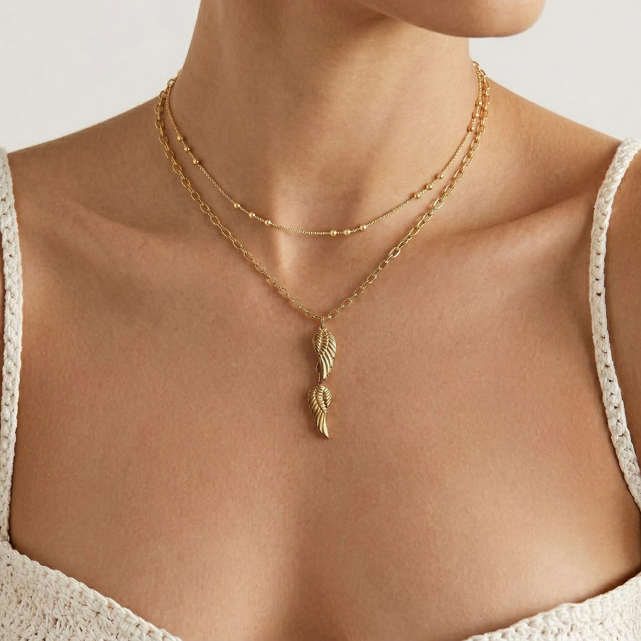 9K Yellow Gold 8mm x 43mm Angel Wings Charm Drop Necklace 18 Inch