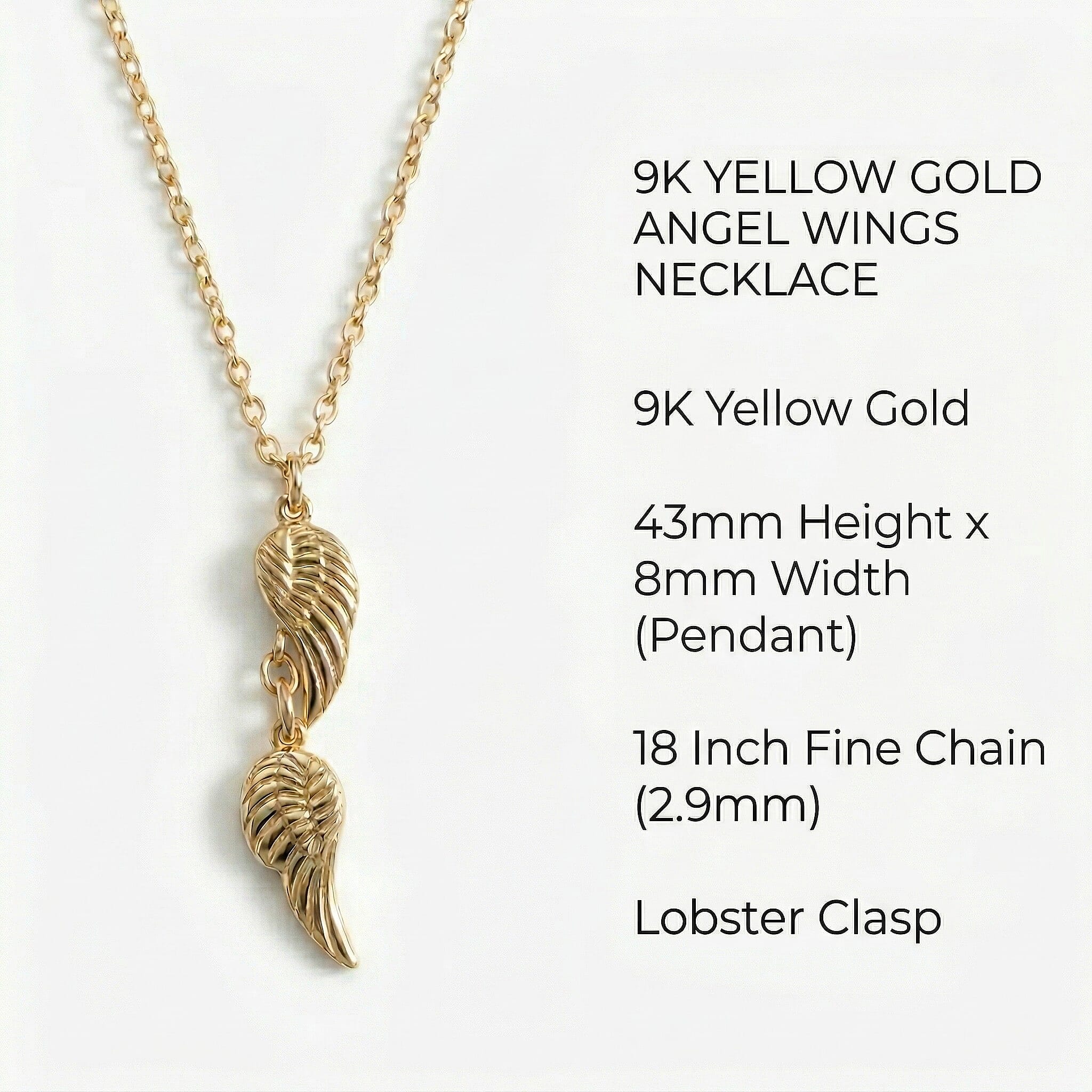 9K Yellow Gold 8mm x 43mm Angel Wings Charm Drop Necklace 18 Inch