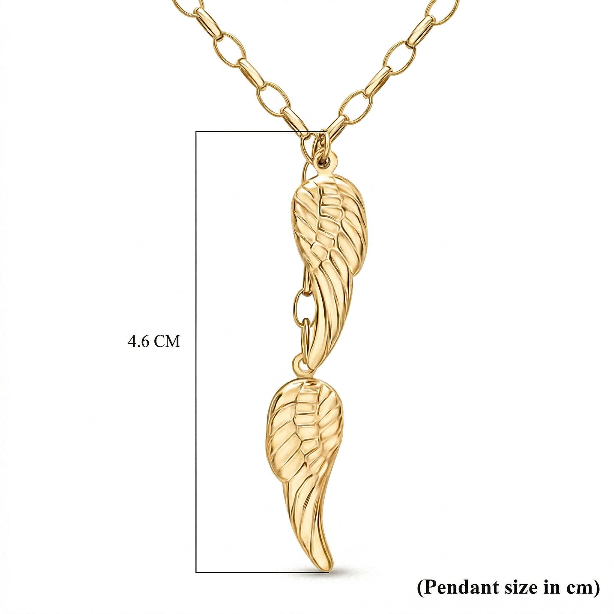 9K Yellow Gold 8mm x 43mm Angel Wings Charm Drop Necklace 18 Inch