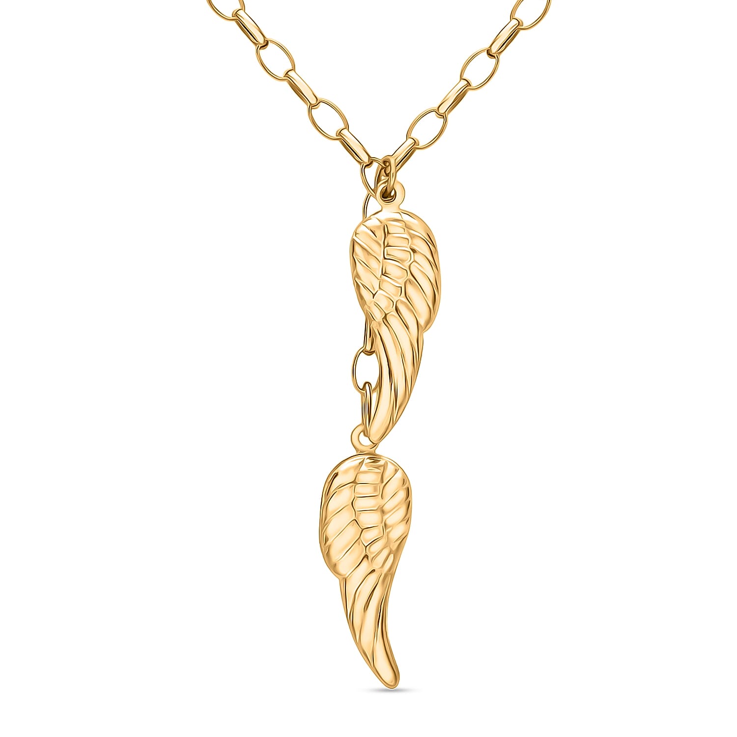 9K Yellow Gold 8mm x 43mm Angel Wings Charm Drop Necklace 18 Inch