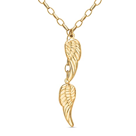9K Yellow Gold 8mm x 43mm Angel Wings Charm Drop Necklace 18 Inch