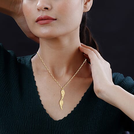 9K Yellow Gold 8mm x 43mm Angel Wings Charm Drop Necklace 18 Inch