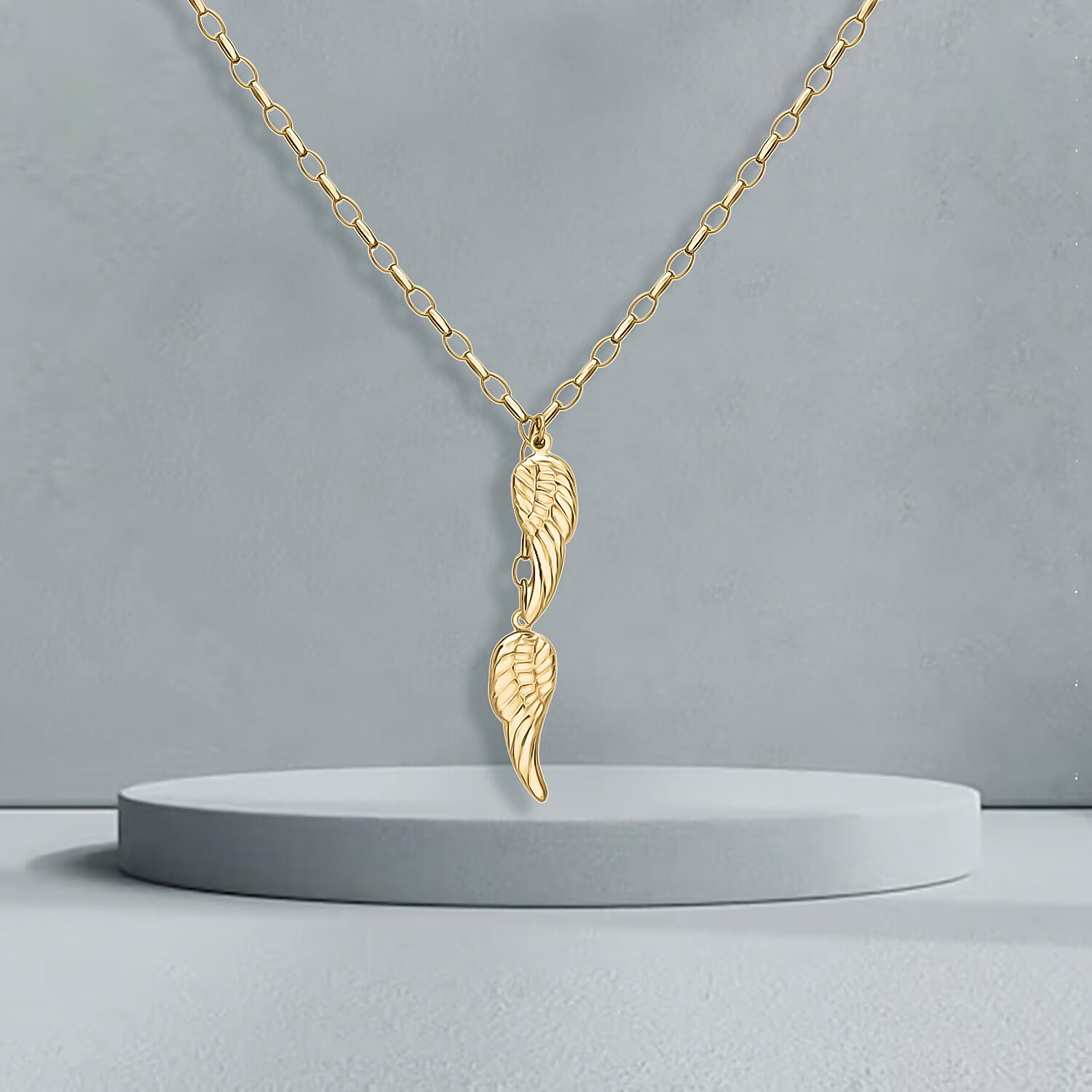 9K Yellow Gold 8mm x 43mm Angel Wings Charm Drop Necklace 18 Inch