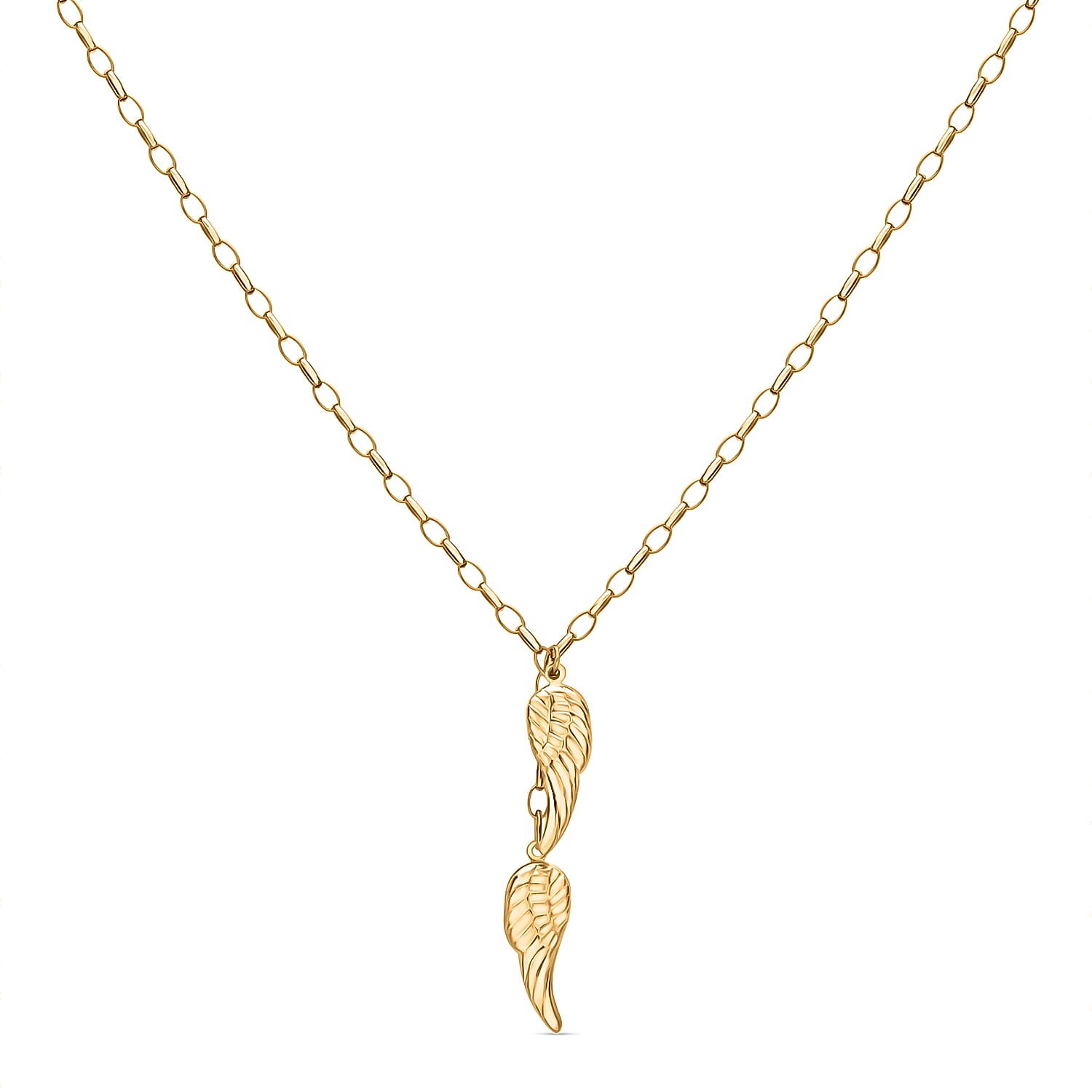 9K Yellow Gold 8mm x 43mm Angel Wings Charm Drop Necklace 18 Inch