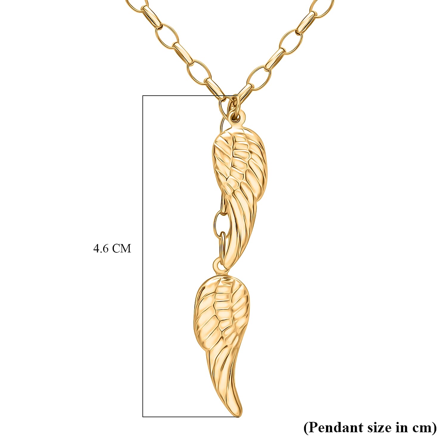9K Yellow Gold 8mm x 43mm Angel Wings Charm Drop Necklace 18 Inch
