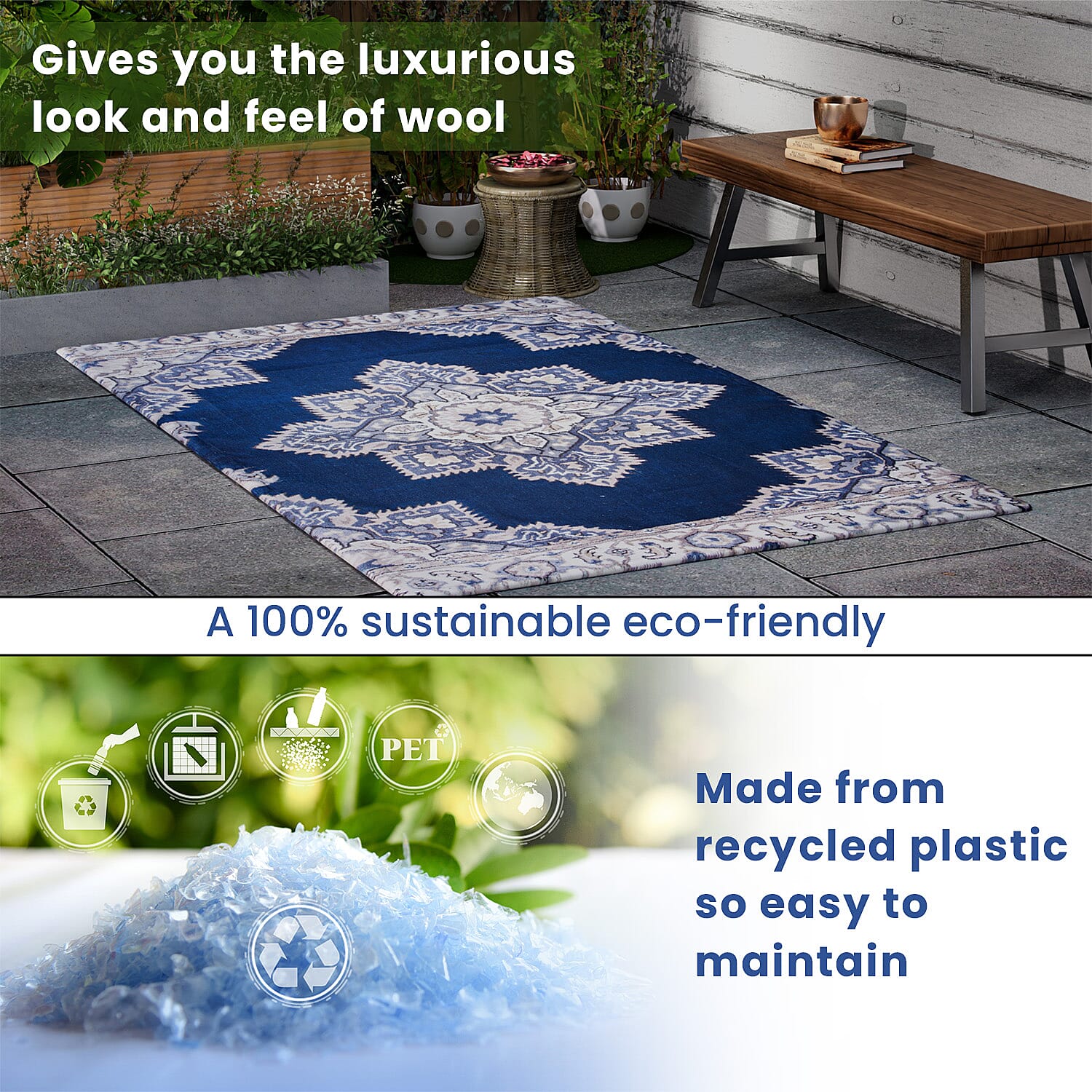 PET Outdoor Digital Printed Rug 1000 GSM (Size 150x90 Cm) - Blue & Multi