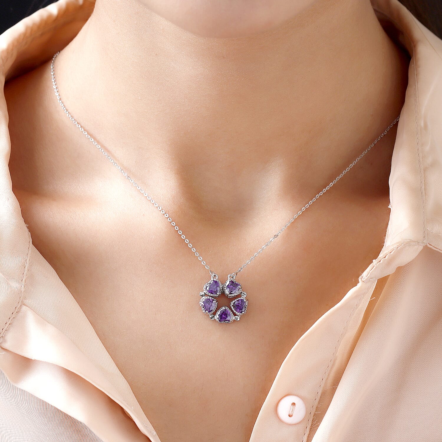 Simulated Amethyst Heart Pendant Cum Necklace With Magnet (Size - 18) in Platinum Overlay Sterling Silver