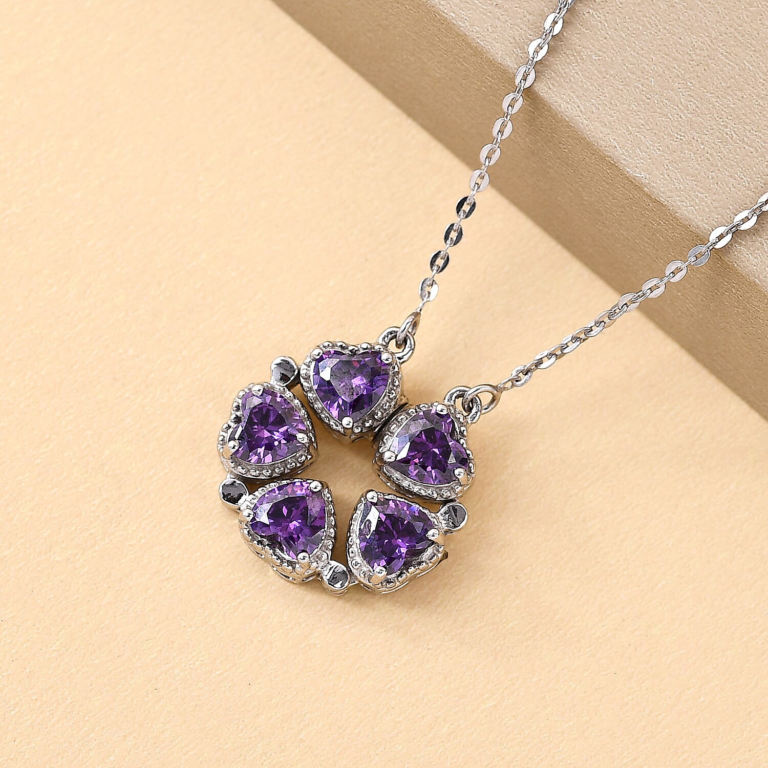 Simulated Amethyst Heart Pendant Cum Necklace With Magnet (Size - 18) in Platinum Overlay Sterling Silver