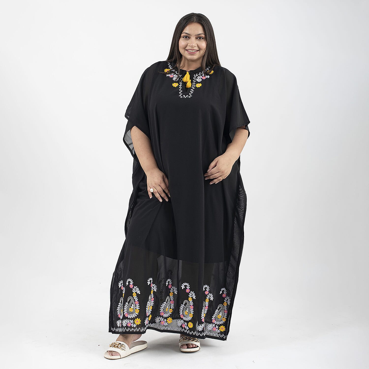 Tamsy Floral Embroidery Kaftan (One Size) - Black