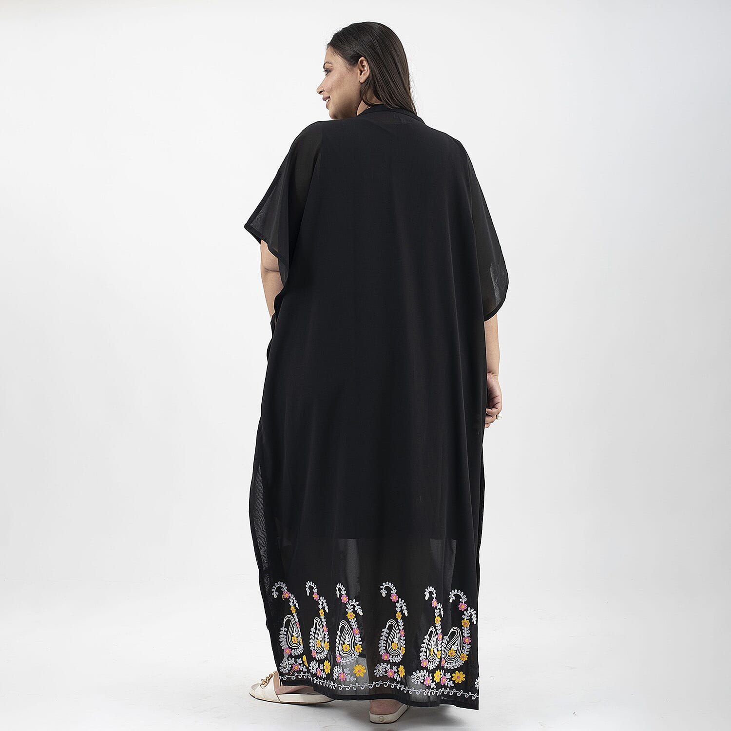 Tamsy Floral Embroidery Kaftan (One Size) - Black