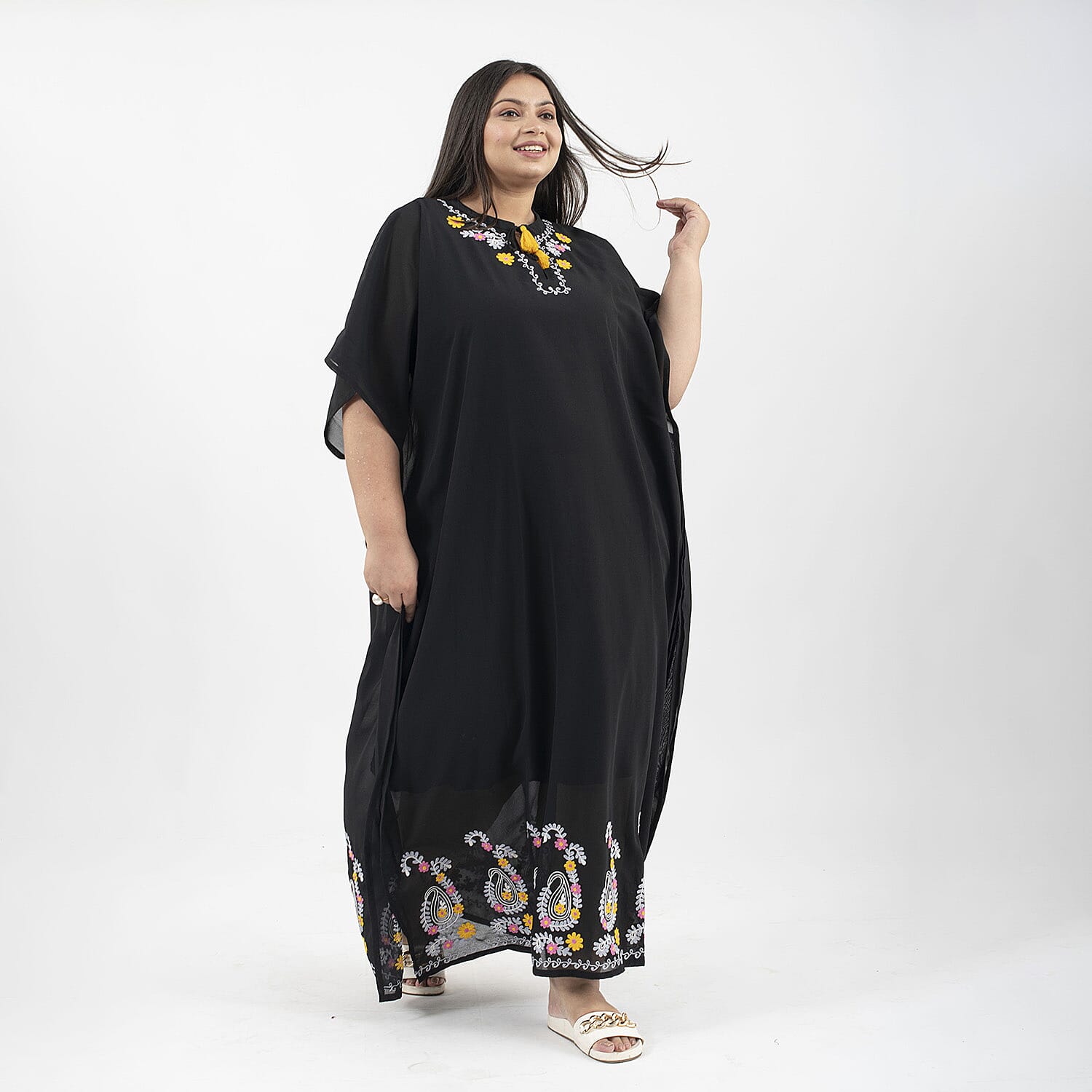 Tamsy Floral Embroidery Kaftan (One Size) - Black