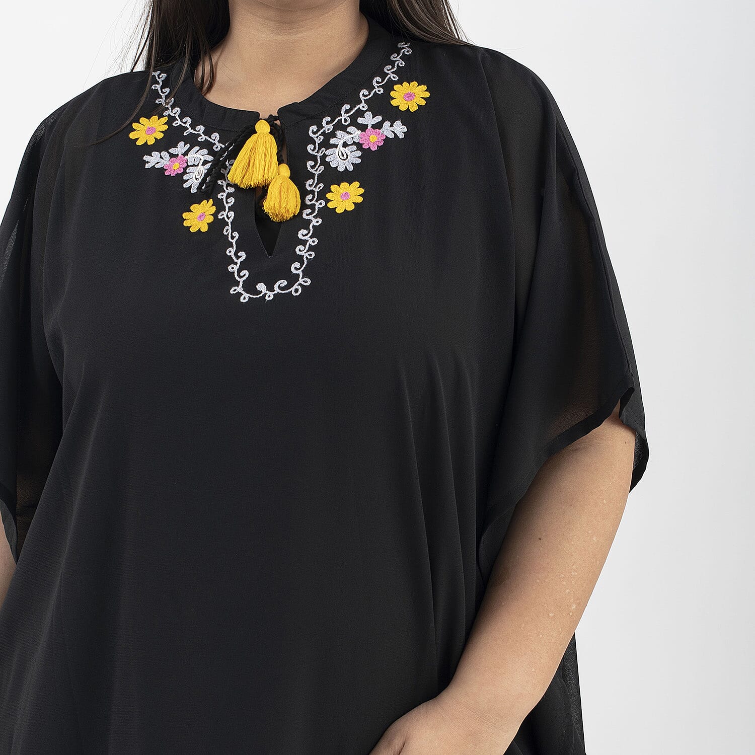 Tamsy Floral Embroidery Kaftan (One Size) - Black