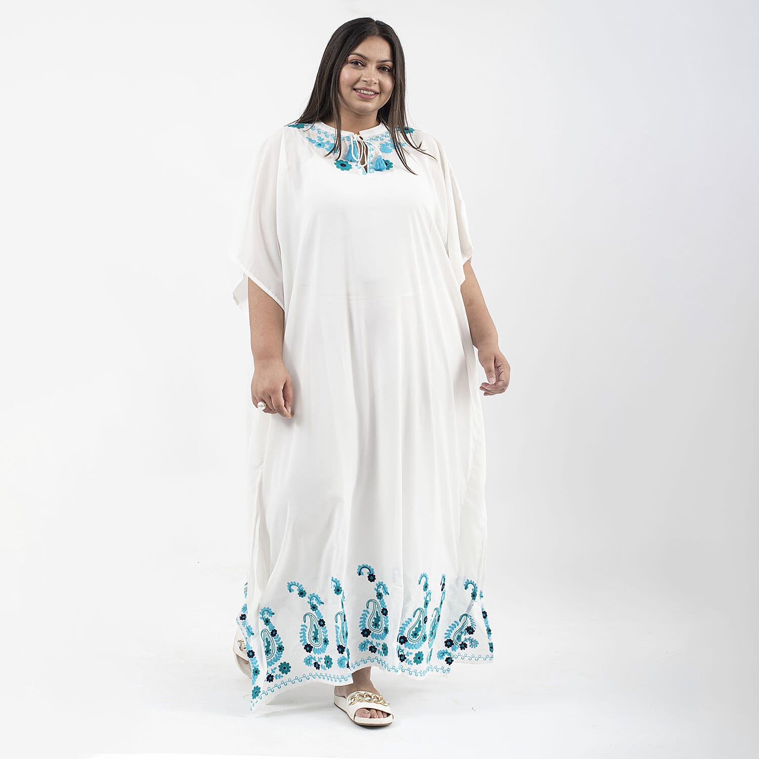 Tamsy Floral Embroidery Kaftan (One Size) - White