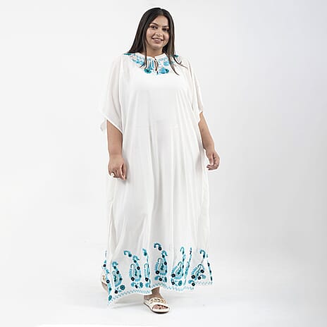 Tamsy Floral Embroidery Kaftan (One Size) - White