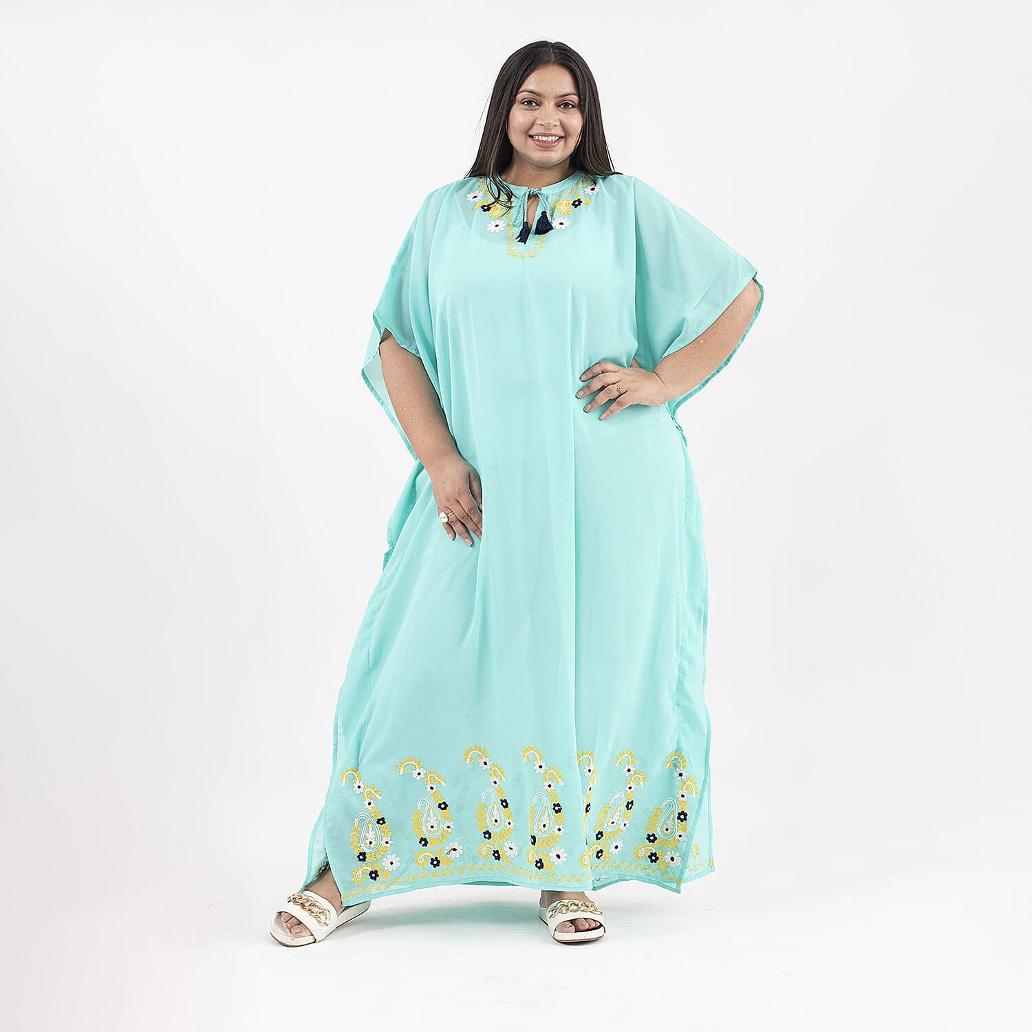 Tamsy Floral Embroidery Kaftan (One Size) - Turquoise