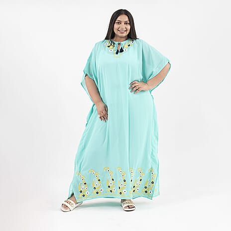 Tamsy Floral Embroidery Kaftan (One Size) - Turquoise
