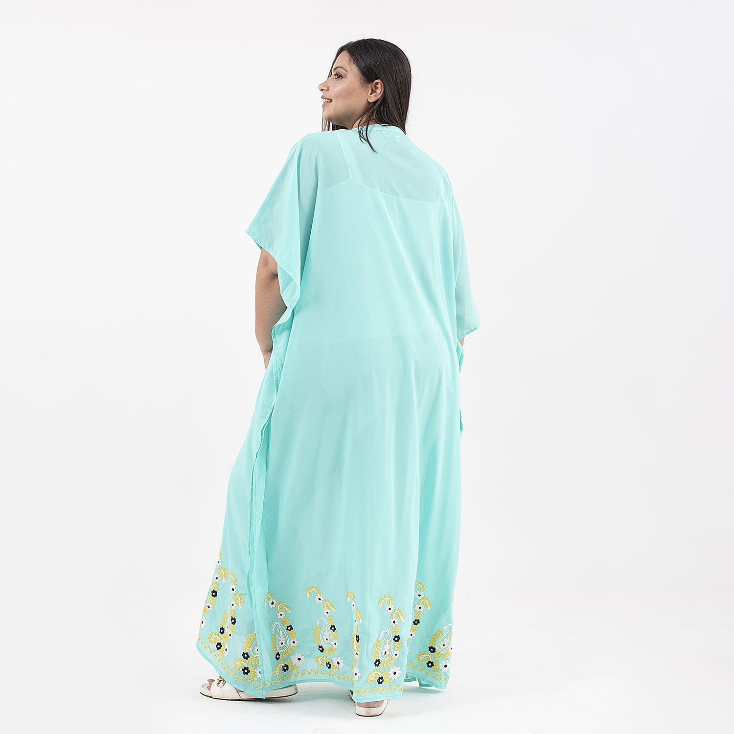 Tamsy Floral Embroidery Kaftan (One Size) - Turquoise