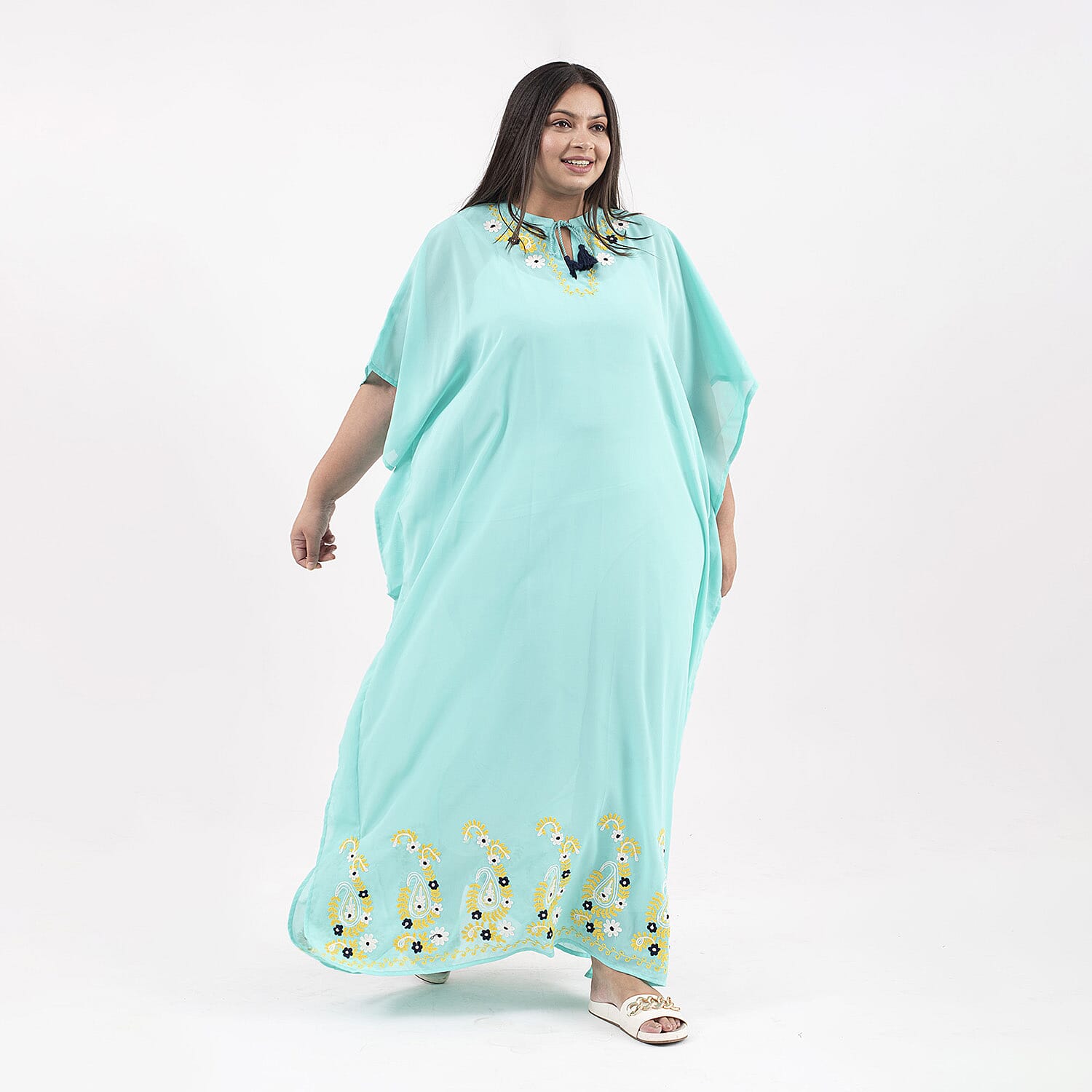 Tamsy Floral Embroidery Kaftan (One Size) - Turquoise