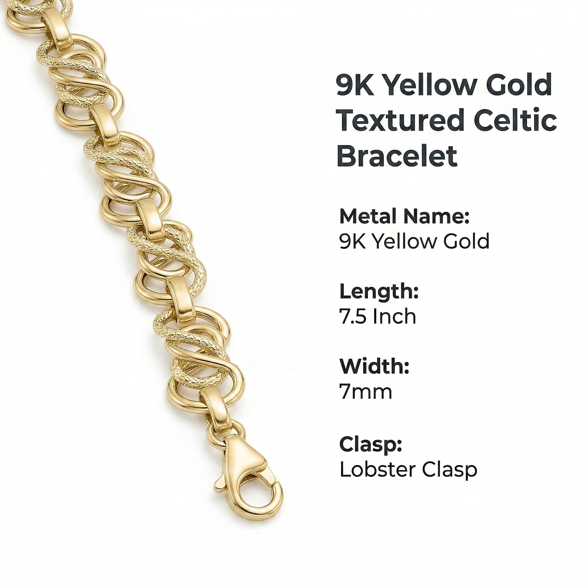 9K Yellow Gold 7mm Textured Celtic Bracelet 7.5 Inch (with Lobster Clasp), Gold Wt 3.70 Gms