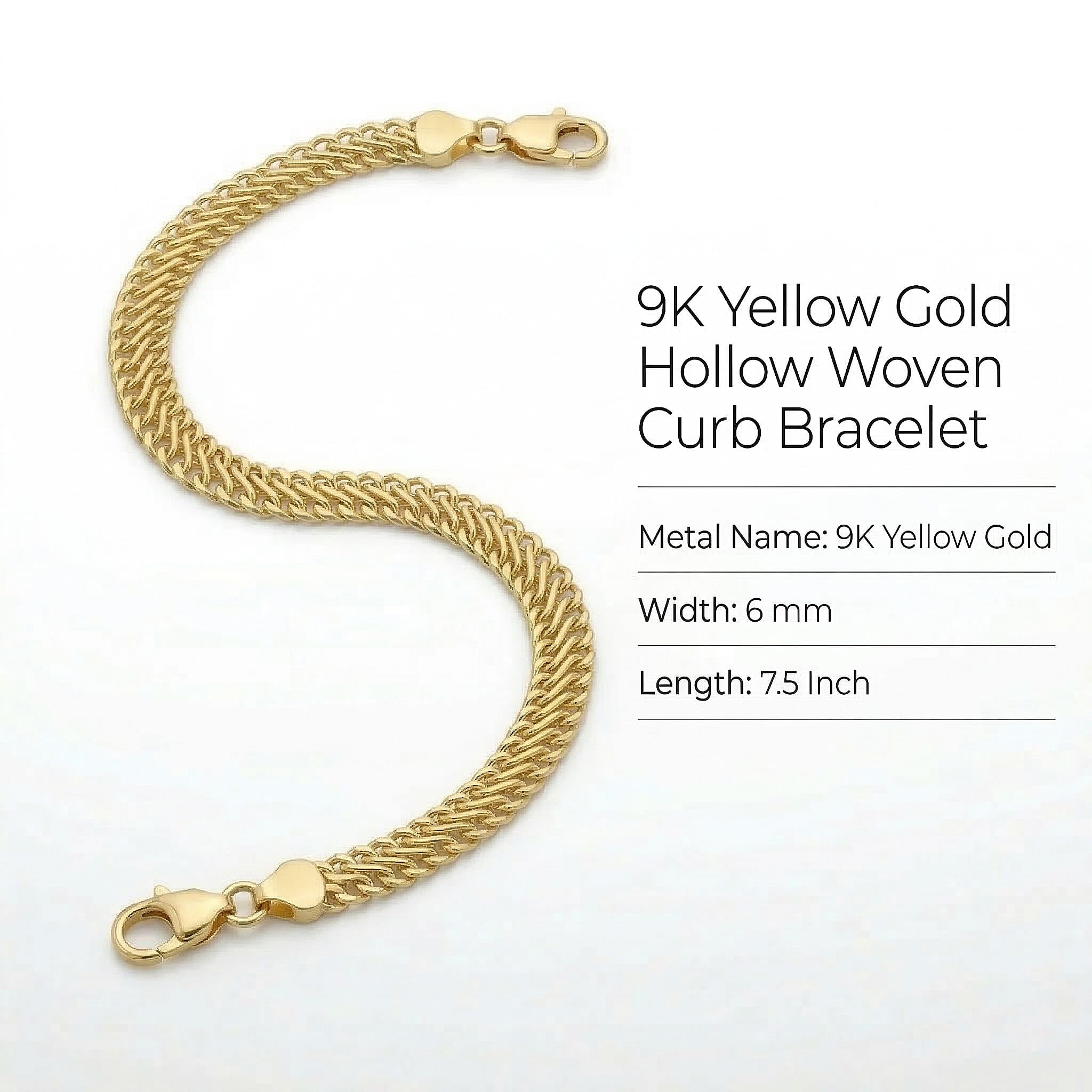 9K Yellow Gold Hollow Woven Curb Bracelet 7.5 Inch