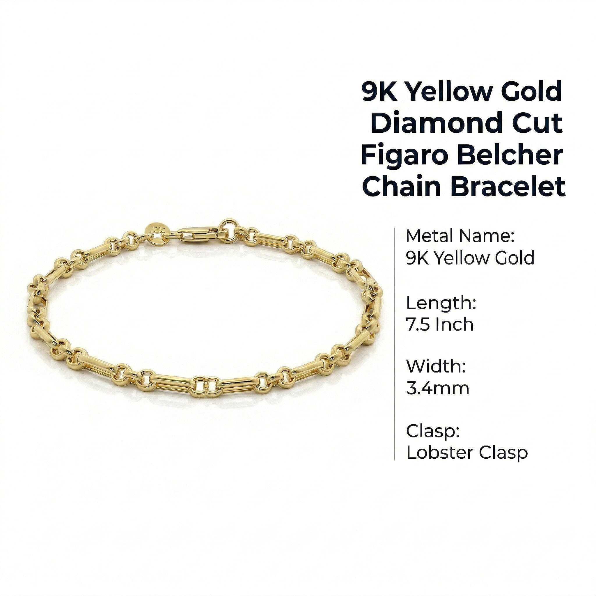 9K Yellow Gold 3.4mm Diamond Cut Figaro Belcher Chain Bracelet 7.5 Inch