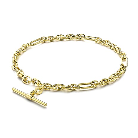 9K Yellow Gold 25mm x 1.5mm T Bar Figaro Rope Chain Albert Clasp Bracelet 7.5 Inch