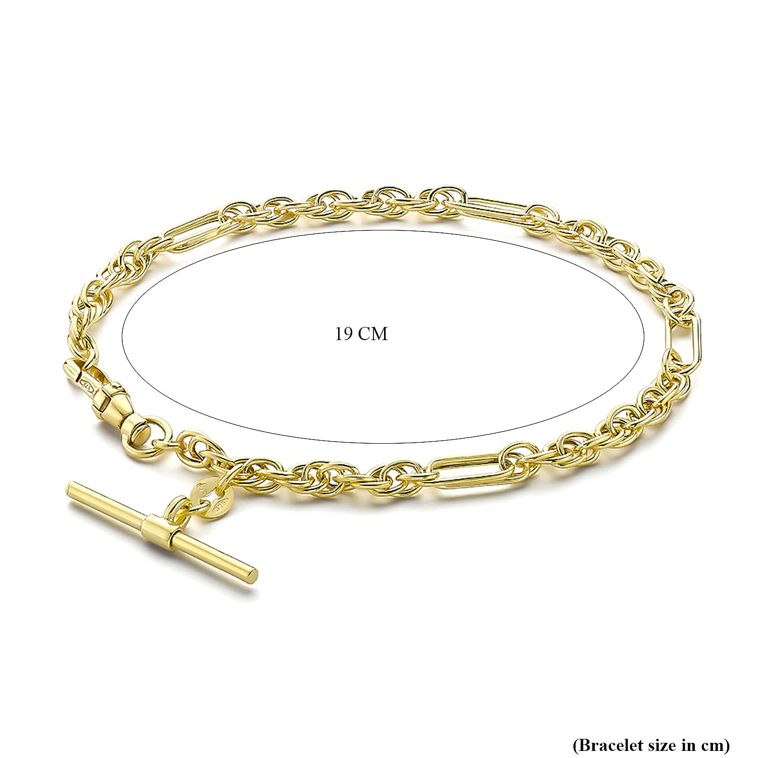 9K Yellow Gold 25mm x 1.5mm T Bar Figaro Rope Chain Albert Clasp Bracelet 7.5 Inch