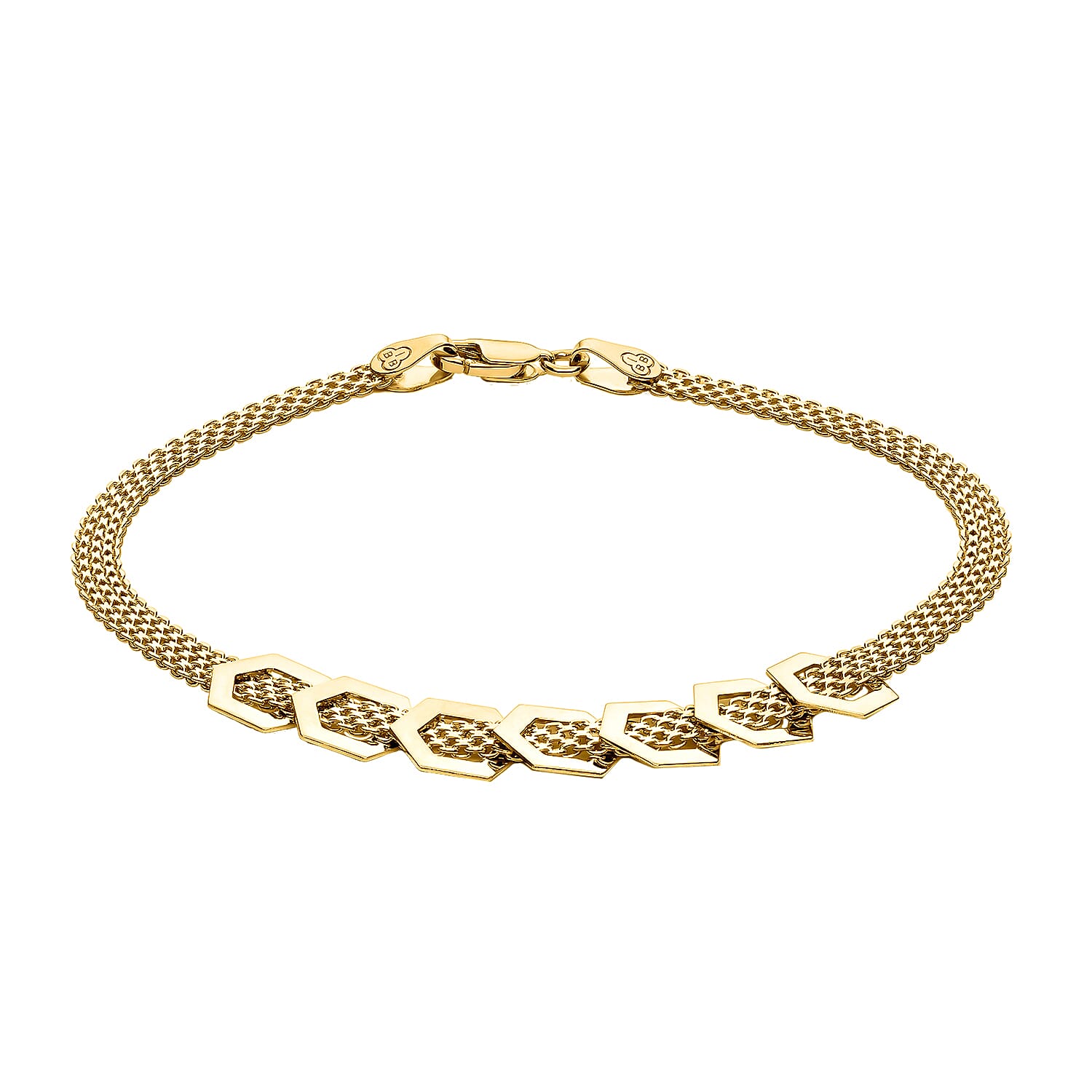 9K Yellow Gold 7.5mm 7 Lucky Hexagon Bismark Bracelet 7.5 Inch