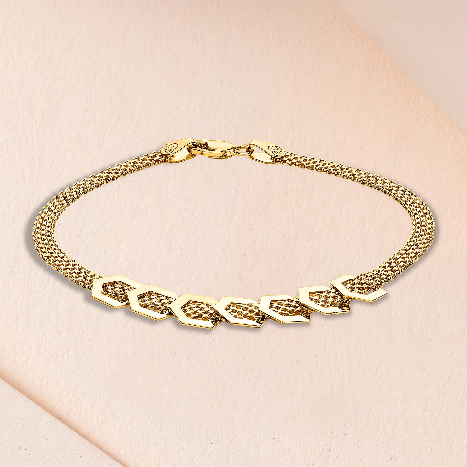 9K Yellow Gold 7.5mm 7 Lucky Hexagon Bismark Bracelet 7.5 Inch