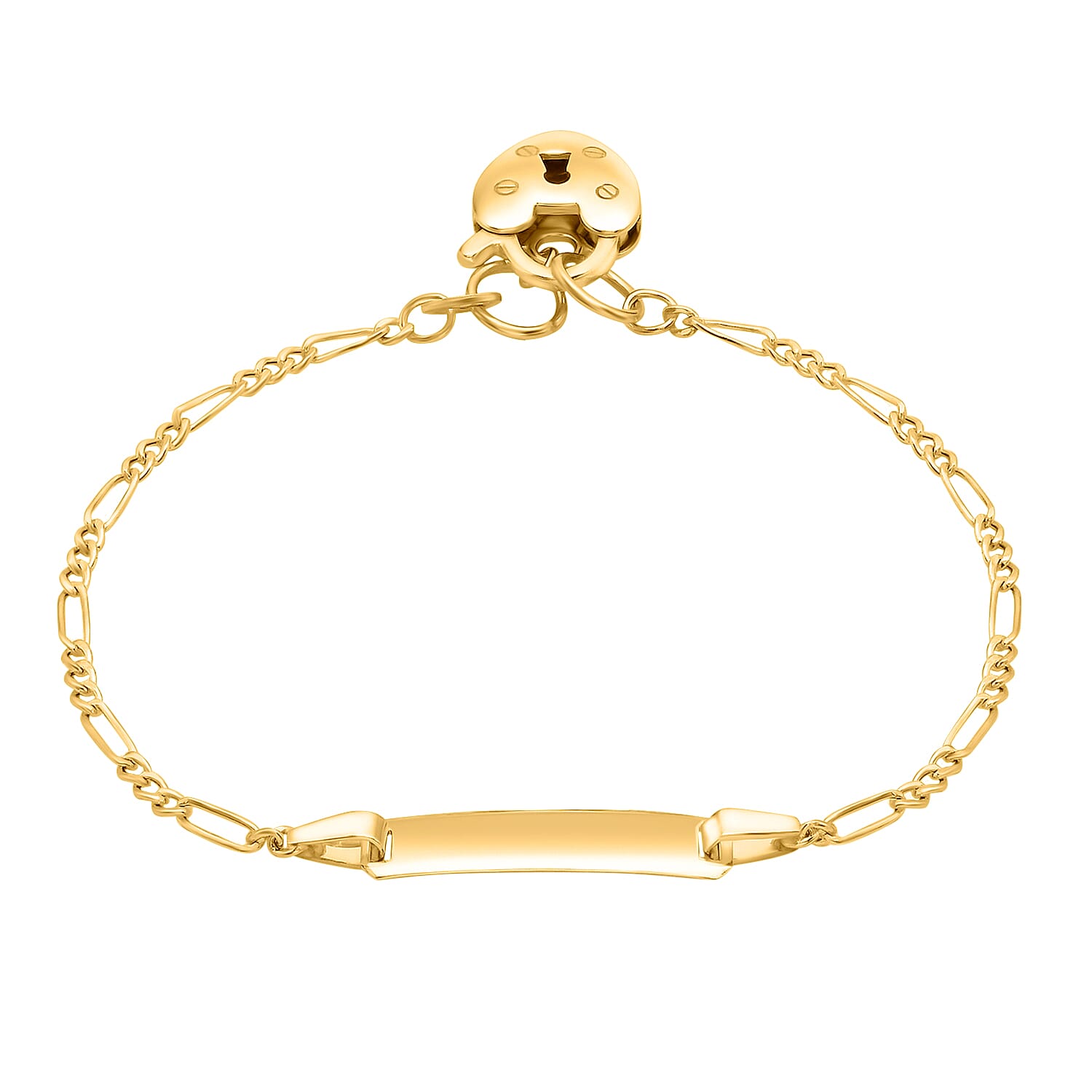 9K Yellow Gold 17mm x 4.5mm Hollow Figaro Heart Padlock ID Bracelet 6 Inch