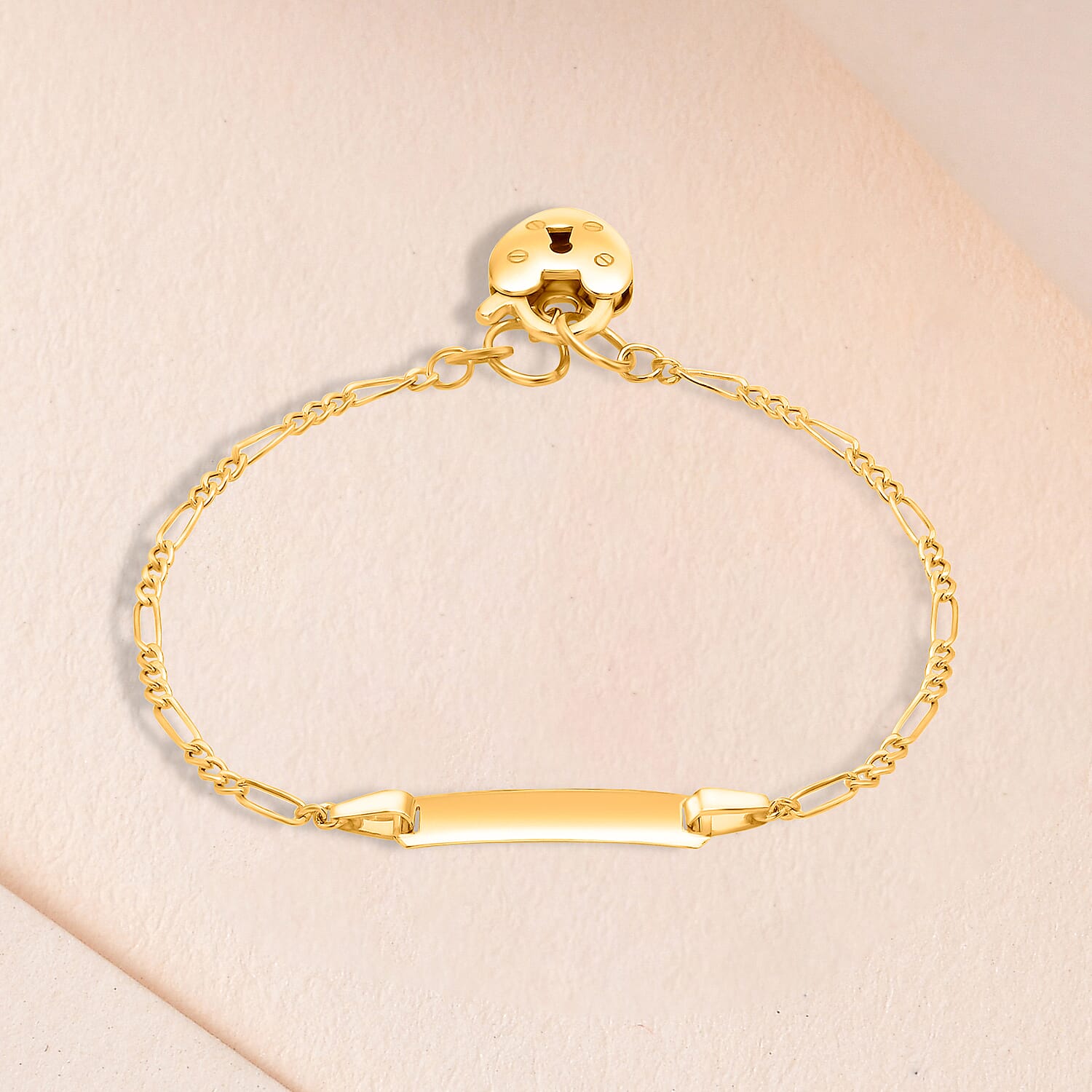 9K Yellow Gold 17mm x 4.5mm Hollow Figaro Heart Padlock ID Bracelet 6 Inch