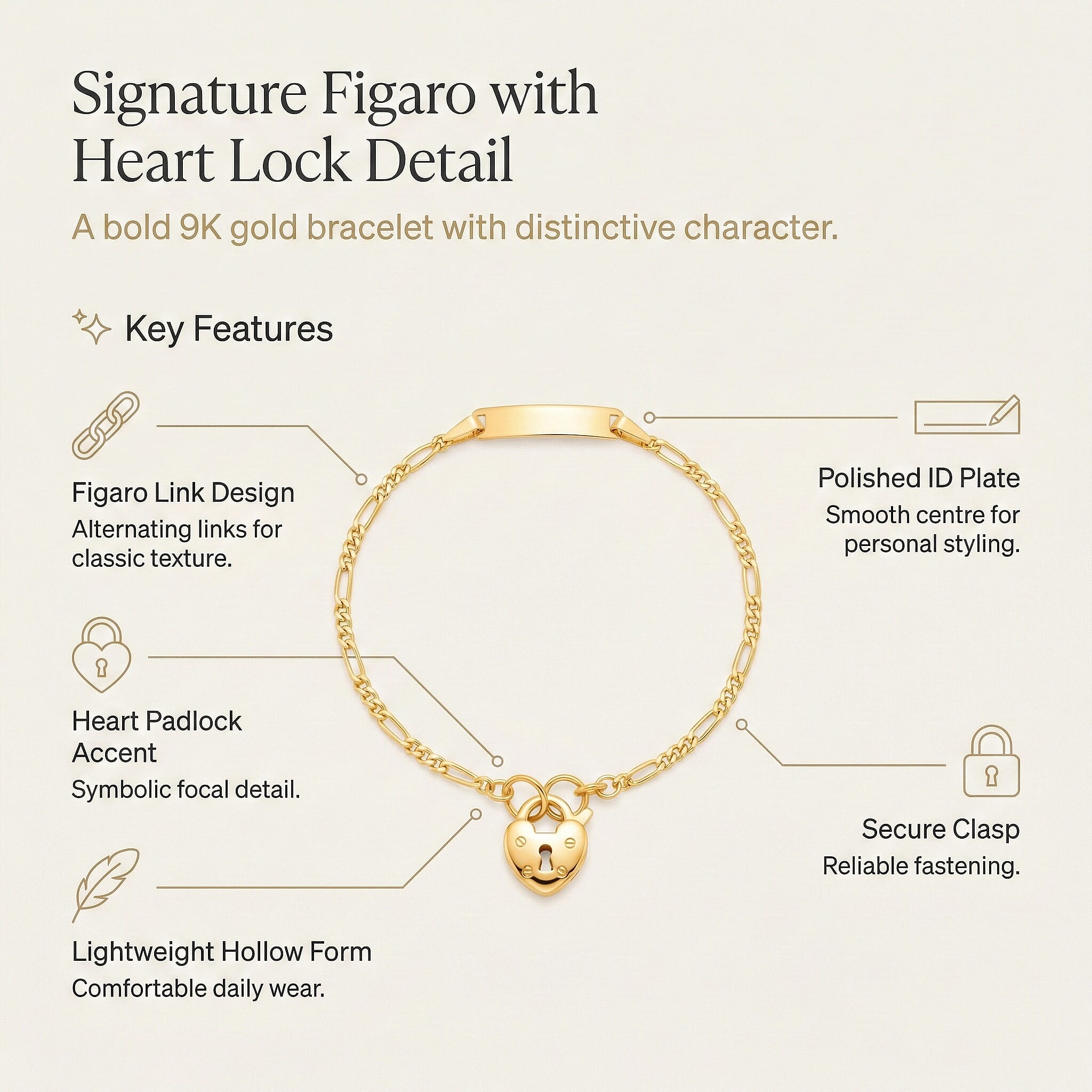 9K Yellow Gold 17mm x 4.5mm Hollow Figaro Heart Padlock ID Bracelet 6 Inch