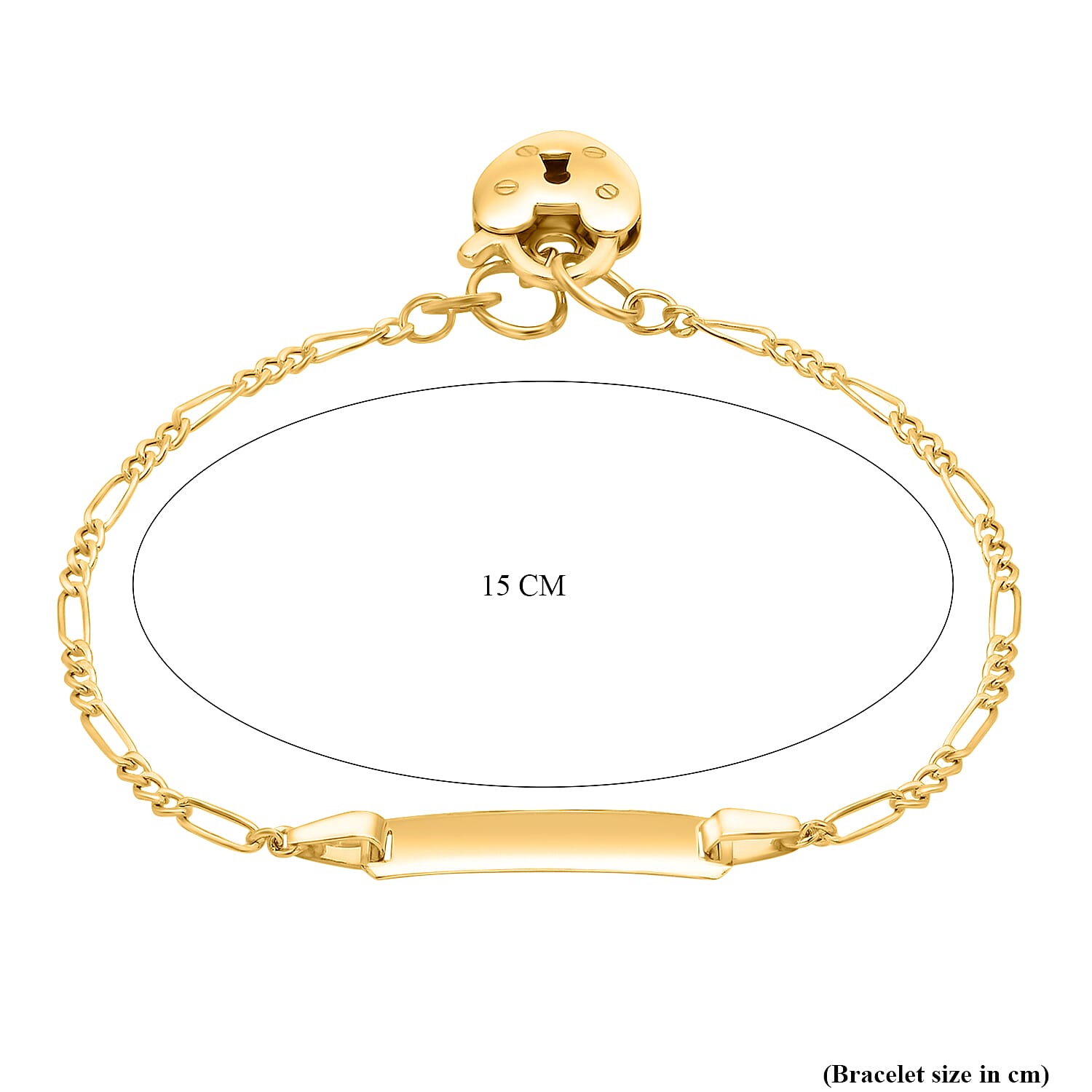 9K Yellow Gold 17mm x 4.5mm Hollow Figaro Heart Padlock ID Bracelet 6 Inch