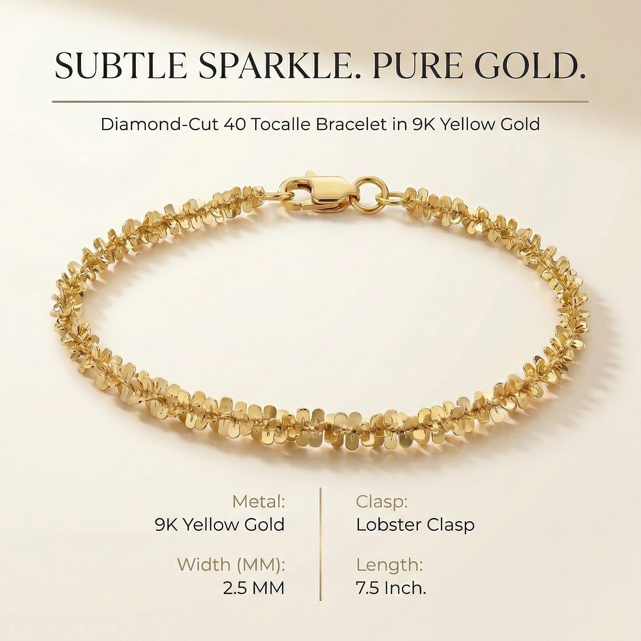 9K Yellow Gold 2.5mm 40 Tocalle Bracelet 7.5 Inch