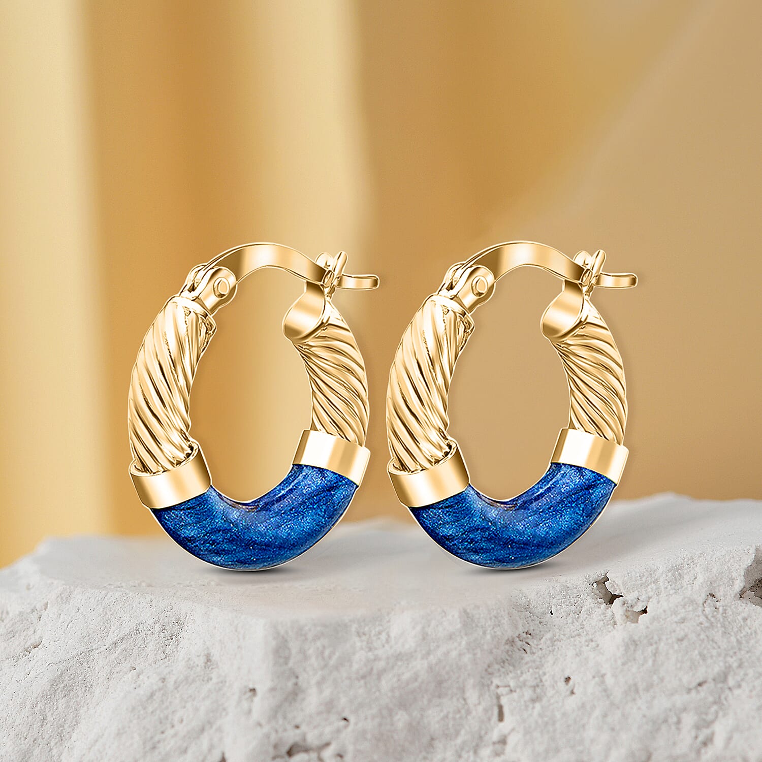 9K Gold 16.5mm Blue Enamel Twist Tube Hoop Creole Earrings