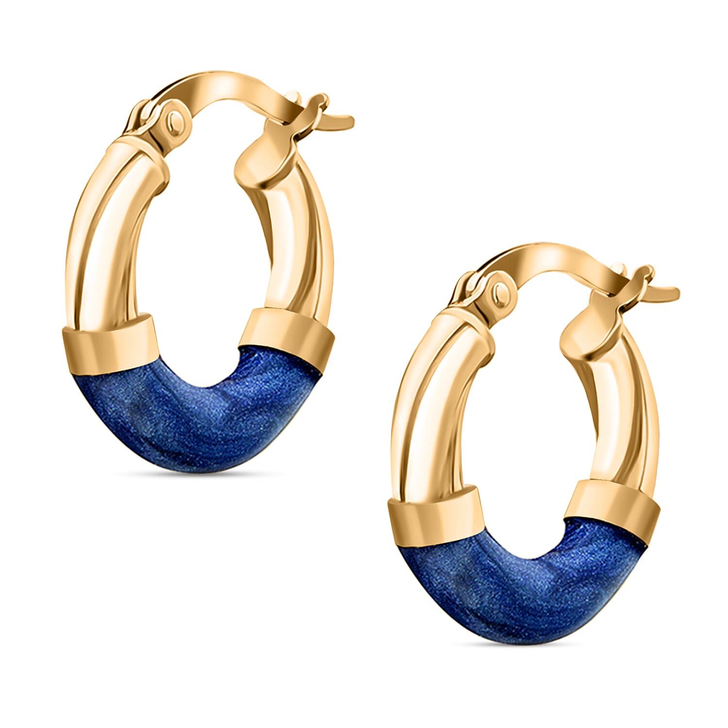 9K Gold 16.5mm Blue Enamel Slight Twist Tube Hoop Creole Earrings