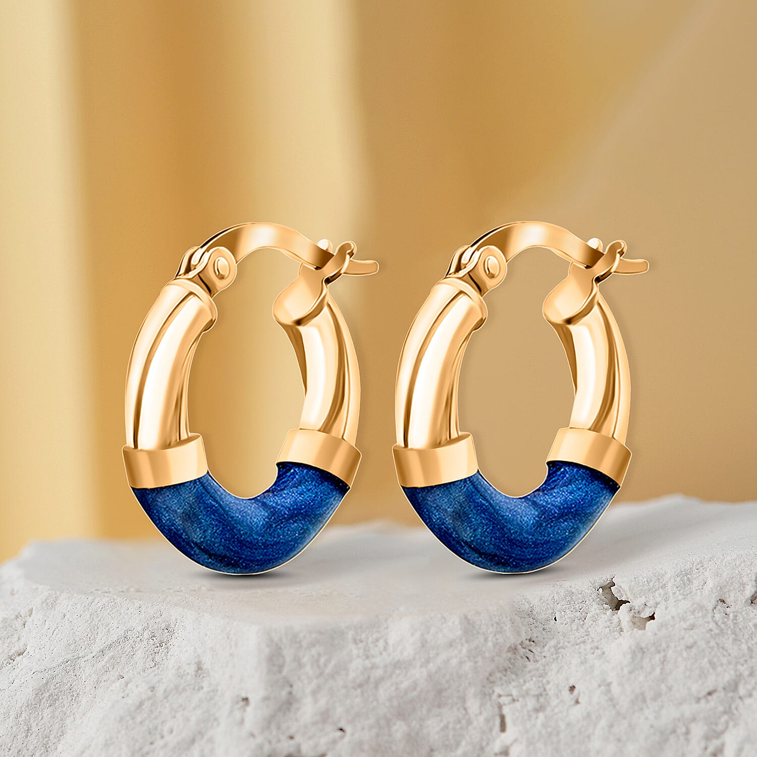 9K Gold 16.5mm Blue Enamel Slight Twist Tube Hoop Creole Earrings