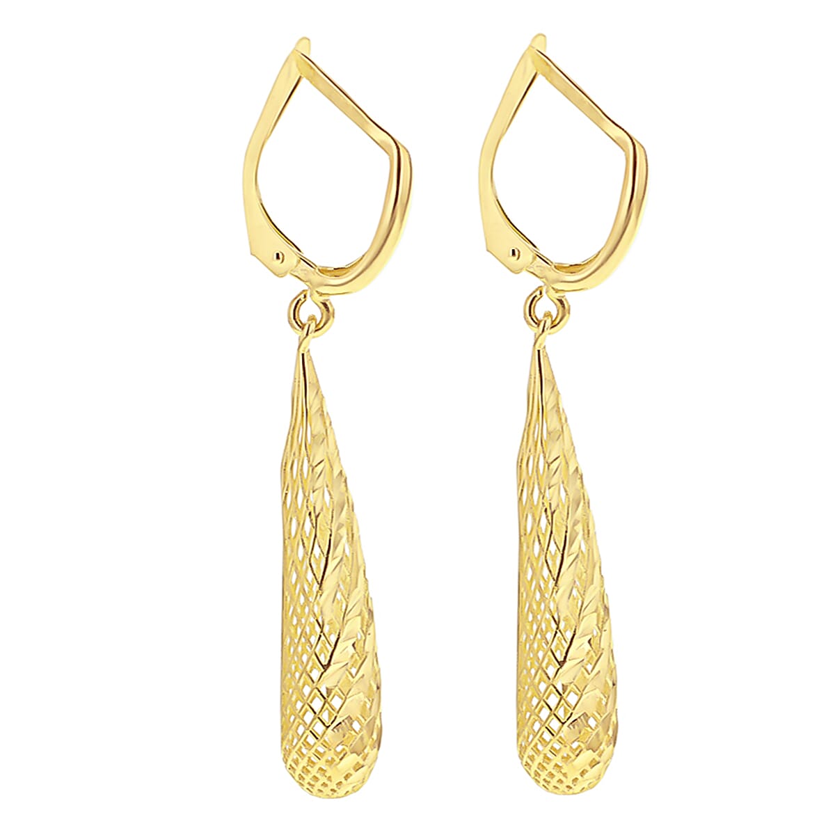9K Yellow Gold 7mm x 46mm Diamond Cut Mesh Teardrop Earrings