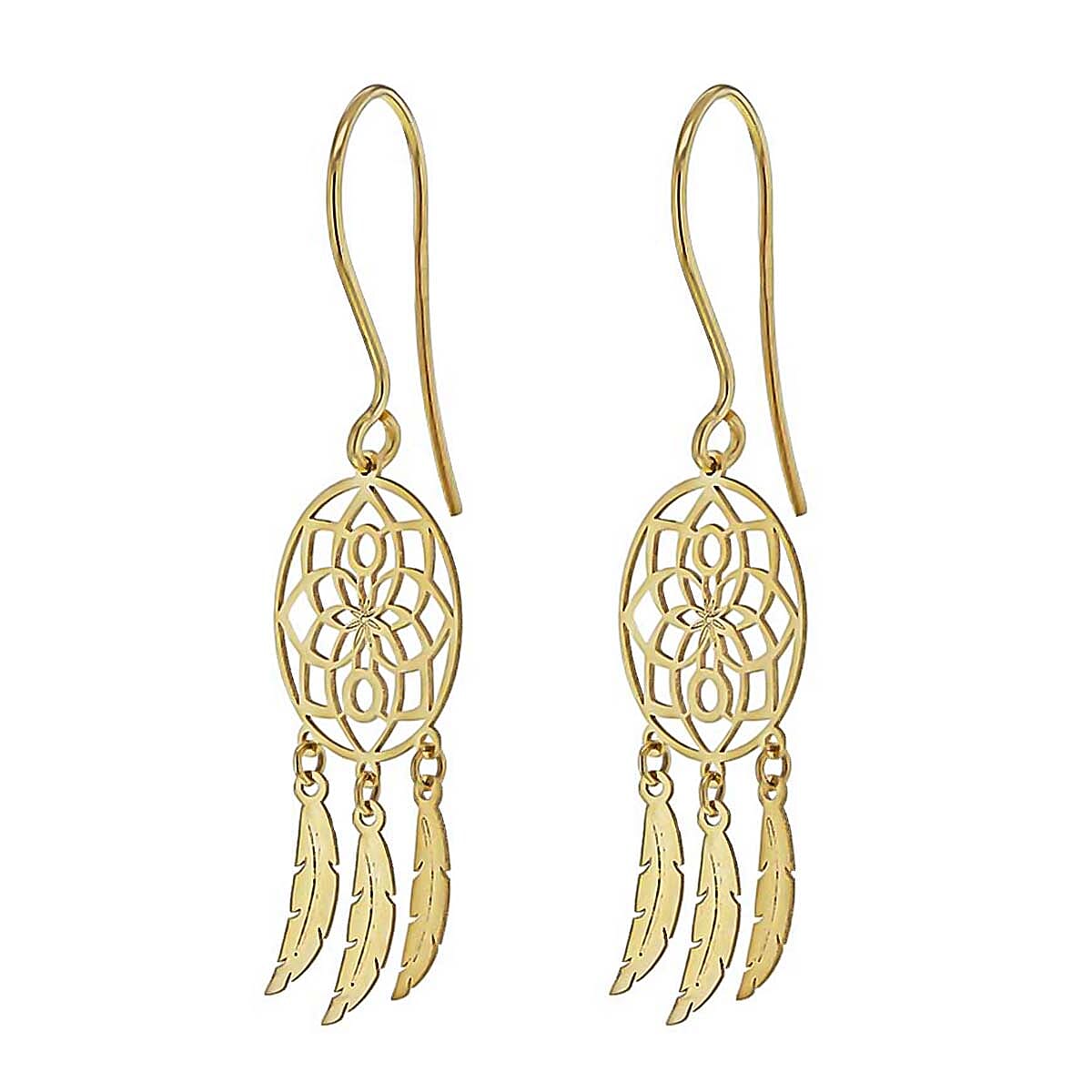 9K Yellow Gold 12mm x 40mm Flower Dream Catcher Earrings