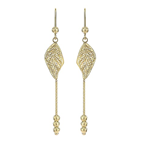 9K Yellow Gold 8.5mm x 60mm Diamond Cut Leaf and Chain Drop Earrings