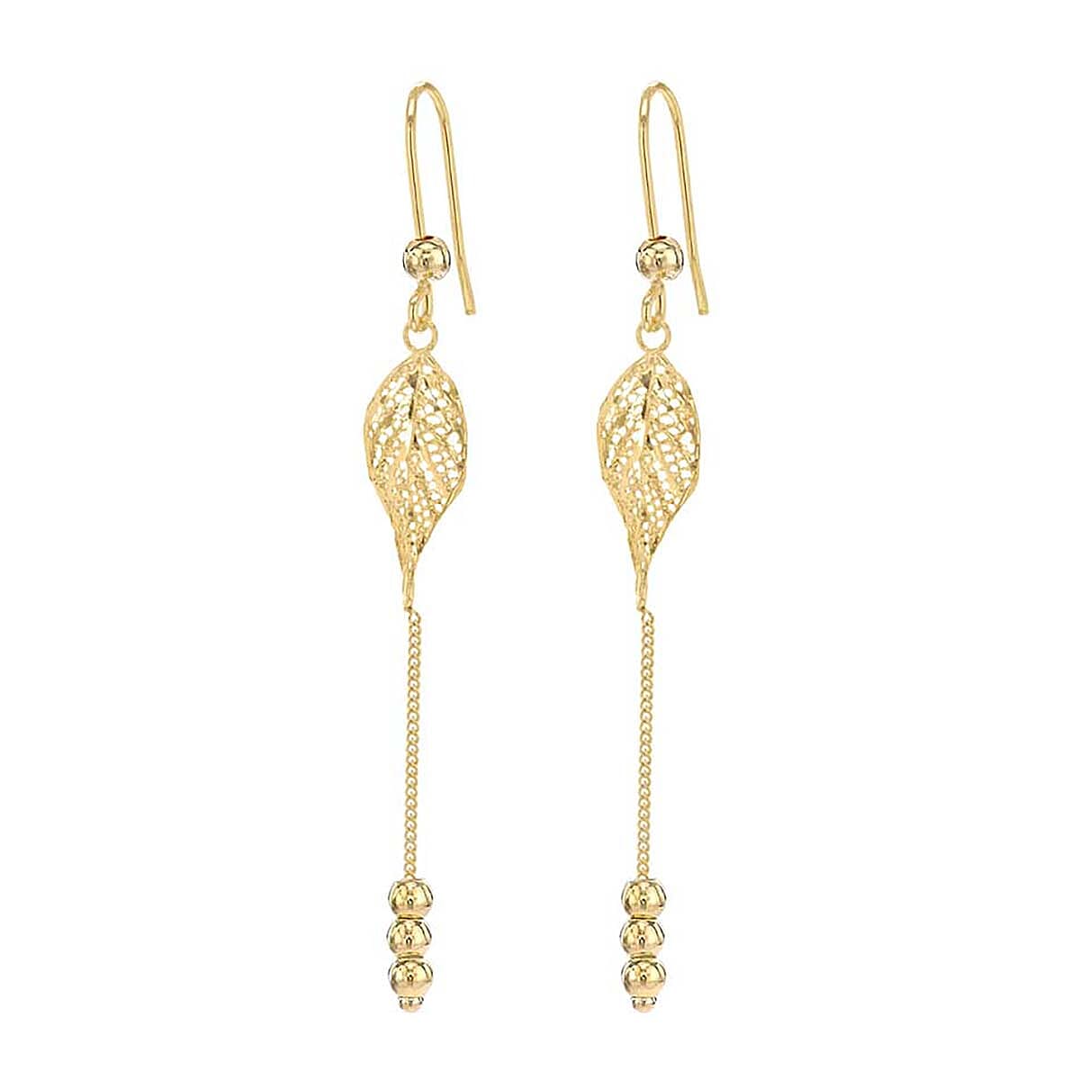 9K Yellow Gold 8.5mm x 60mm Diamond Cut Leaf and Chain Drop Earrings