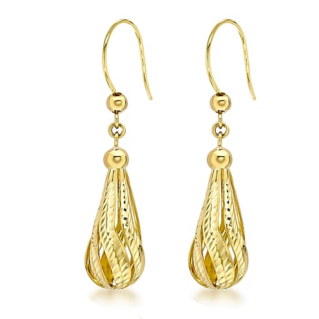 9K Yellow Gold 8mm x 19mm Diamond Cut Teardrop Earrings