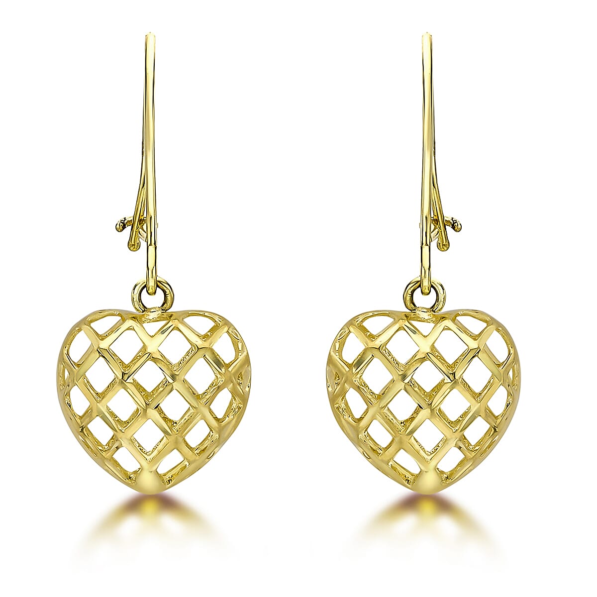 9K Yellow Gold 10.5mm x 25.5mm Diamond Cut Hollow Heart Drop Earrings