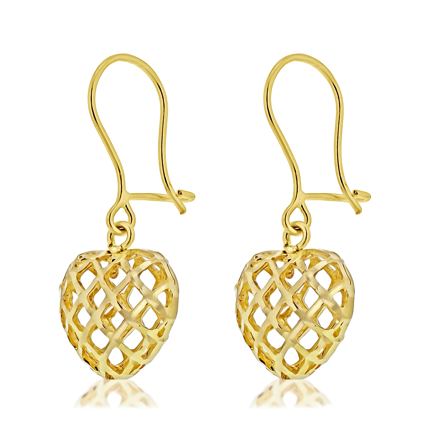 9K Yellow Gold 10.5mm x 25.5mm Diamond Cut Hollow Heart Drop Earrings