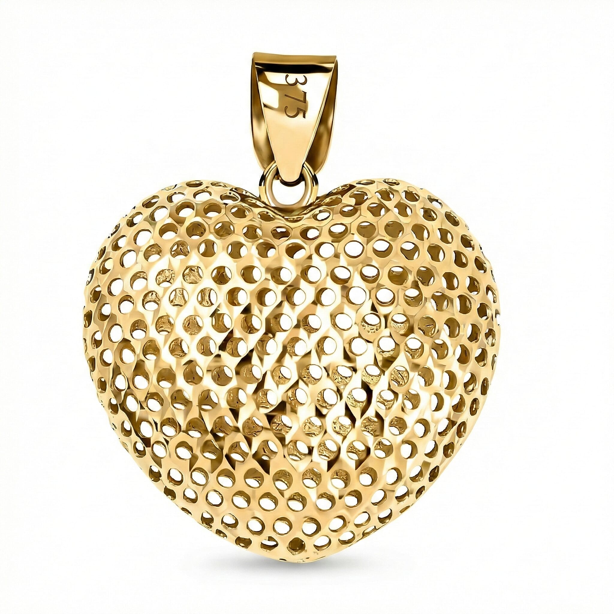 9K Yellow Gold 20mm x 25.5mm Mesh Heart Pendant