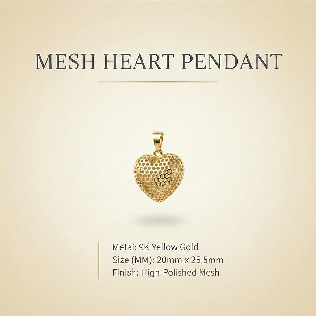 9K Yellow Gold 20mm x 25.5mm Mesh Heart Pendant